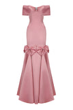 Blush Mermaid Off the Shoulder Long Prom Dress with Bowknot