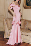 Blush Mermaid Off the Shoulder Long Prom Dress with Bowknot