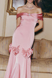 Blush Mermaid Off the Shoulder Long Prom Dress with Bowknot
