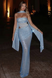 Sparkly Blue Strapless Sheath Long Prom Dress with Ribbon