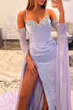 Lilac Spaghetti Straps Corset Sheath Prom Dress with Slit
