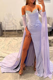Lilac Spaghetti Straps Corset Sheath Prom Dress with Slit