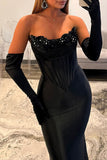 Black Strapless Corset Long Prom Dress with Beading