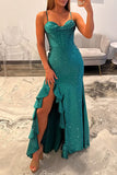 Sparkly Emerald Green Corset Long Beaded Prom Dress with Ruffles
