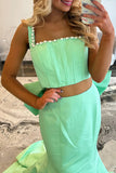 Green Hollow Out Mermaid Long Prom Dress with Bowknot