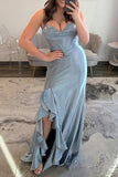 Grey Blue Corset Ruffled Beaded Mermaid Prom Dress with Slit
