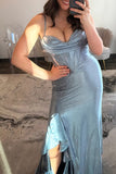 Grey Blue Corset Ruffled Beaded Mermaid Prom Dress with Slit