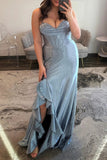 Grey Blue Corset Ruffled Beaded Mermaid Prom Dress with Slit