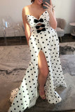 White Black Dots Strapless Mermaid Bowknot Long Prom Dress with Slit