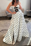 White Black Dots Strapless Mermaid Bowknot Long Prom Dress with Slit