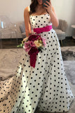 White Black Dots A Line Long Prom Dress with Belt