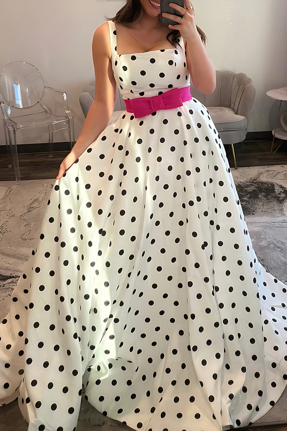 Lvnes Women White Black Dots Prom Dress with Belt A Line Long Party Dress Lvnes Women White Black Dots Prom Dress with Belt A Line Long Party Dress