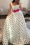 White Black Dots A Line Long Prom Dress with Belt