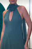 Peacock Green Halter A Line Long Prom Dress with 3D Flower