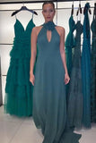Peacock Green Halter A Line Long Prom Dress with 3D Flower