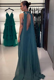 Peacock Green Halter A Line Long Prom Dress with 3D Flower