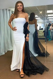 White Strapless Sheath Long Prom Dress with Slit and Side Ribbons