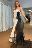 White Strapless Sheath Long Prom Dress with Slit and Side Ribbons