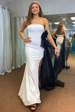 White Strapless Sheath Long Prom Dress with Slit and Side Ribbons