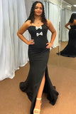 Black Strapless Mermaid Long Prom Dress with Bowknot and Slit