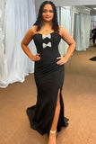 Black Strapless Mermaid Long Prom Dress with Bowknot and Slit