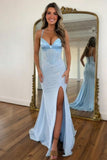 Sparkly Blue Corset Mermaid Long Prom Dress with Slit