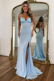Sparkly Blue Corset Mermaid Long Prom Dress with Slit