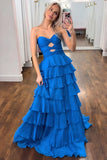 Dark Blue Chiffon Cut Out Strapless Tiered A-Line Prom Dress with Ruffles