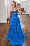 Dark Blue Chiffon Cut Out Strapless Tiered A-Line Prom Dress with Ruffles