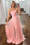 Blush Chiffon Strapless A-Line Prom Dress with Slit