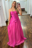 Fuchsia Strapless Chiffon A-Line Long Prom Dress