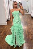 Green Strapless Mermaid Tiered Long Prom Dress with Ruffles and Slit