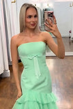 Green Strapless Mermaid Tiered Long Prom Dress with Ruffles and Slit