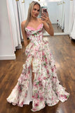 White Pink Flower Chiffon Corset Strapless Tiered A-Line Prom Dress with Ruffles and Slit