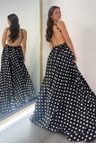 Black White Dot Square Neck A-Line Long Prom Dress