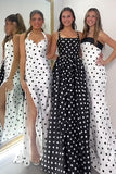 Black White Dot Square Neck A-Line Long Prom Dress