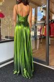 Gold Metallic A-Line Halter Neck Long Prom Dress With Slit