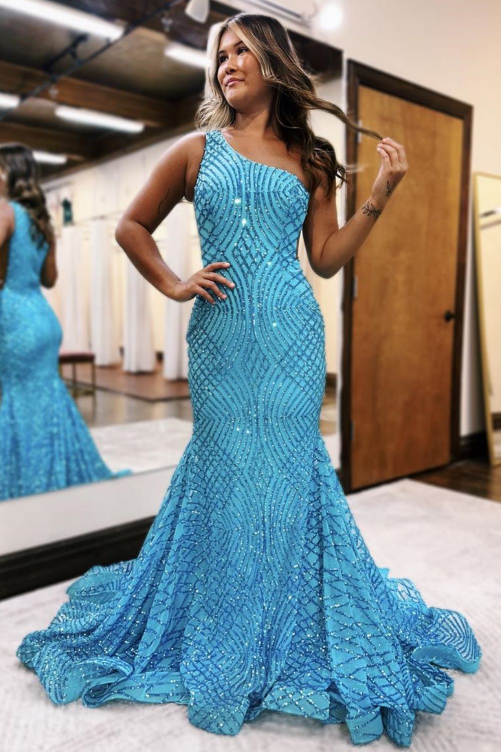 Sparkly Blue Mermaid One Shoulder Long Sequins Prom Dress