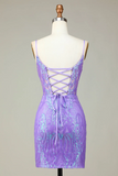 Lilac Sequins Lace-Up Back Tight Short Homecoming Dress