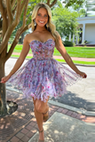Floral Printed Lilac A Line Sweetheart Mini Homecoming Dress