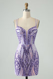 Sparkly Dark Purple Sheath Corset Mini Homecoming Dress with Sequins