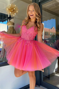 Hot Pink Tulle A-Line Short Homecoming Dress with Lace