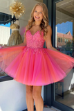 Hot Pink Tulle A-Line Short Homecoming Dress with Lace