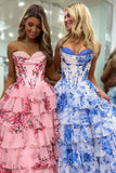White Blue Flower Printed Corset Tiered Prom Dress