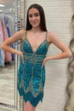 Peacock Blue Sequins Homecoming Dress With Fringes