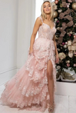 Romantic A-Line Off The Shoulder Long Glitter Prom Dress With Appliques