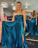 Gold Metallic A-Line Halter Neck Long Prom Dress With Slit