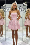 Pink Appliques A Line Strapless Short Homecoming Dress