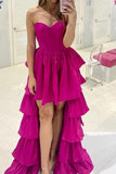Asymmetrical High-Low Hot Pink Sweetheart Satin Prom Party Dress