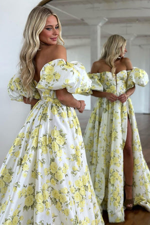 Yellow A-Line Off The Shoulder Puff Sleeves Long Prom Dress With Slit